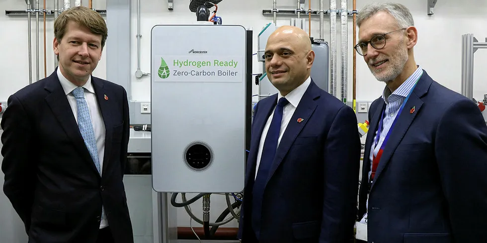 Former UK chancellor Sajid Javid (centre) is shown a hydrogen-ready boiler produced by manufacturer Worcester Bosch last November.