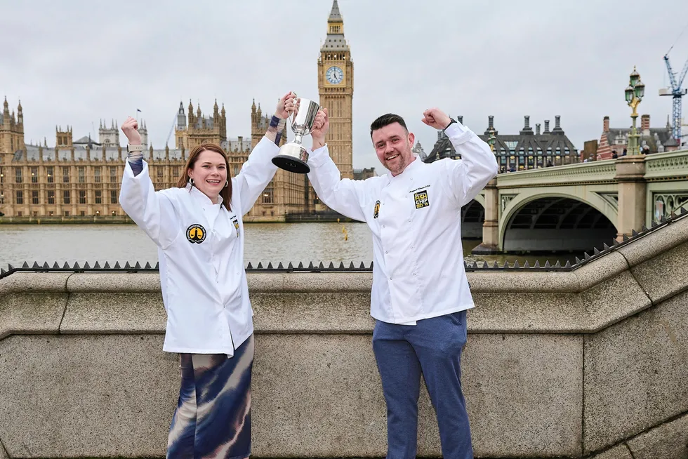 Kimberly Hughes (left) and Ryan Hughes, co-owners of Ship Deck in Caerphilly, celebrate in London after winning in the ‘Takeaway of the Year’ category at the UK’s National Fish and Chip Awards, Feb, 28, 2024.