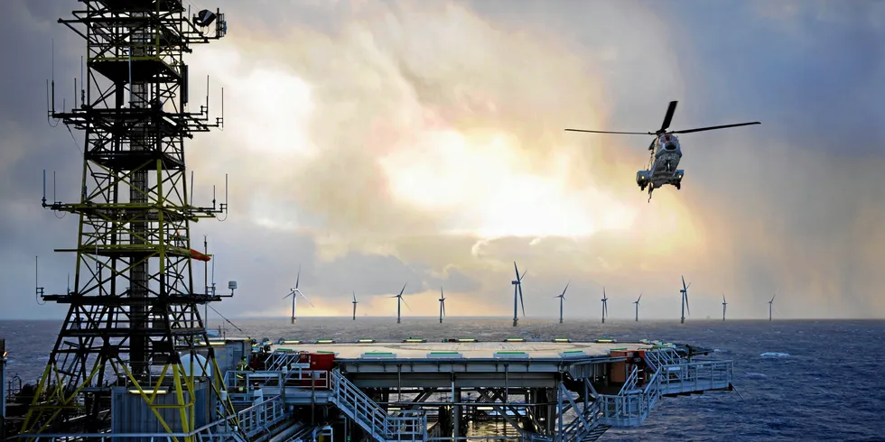 CGI of floating wind farm powering and offshore oil and gas complex