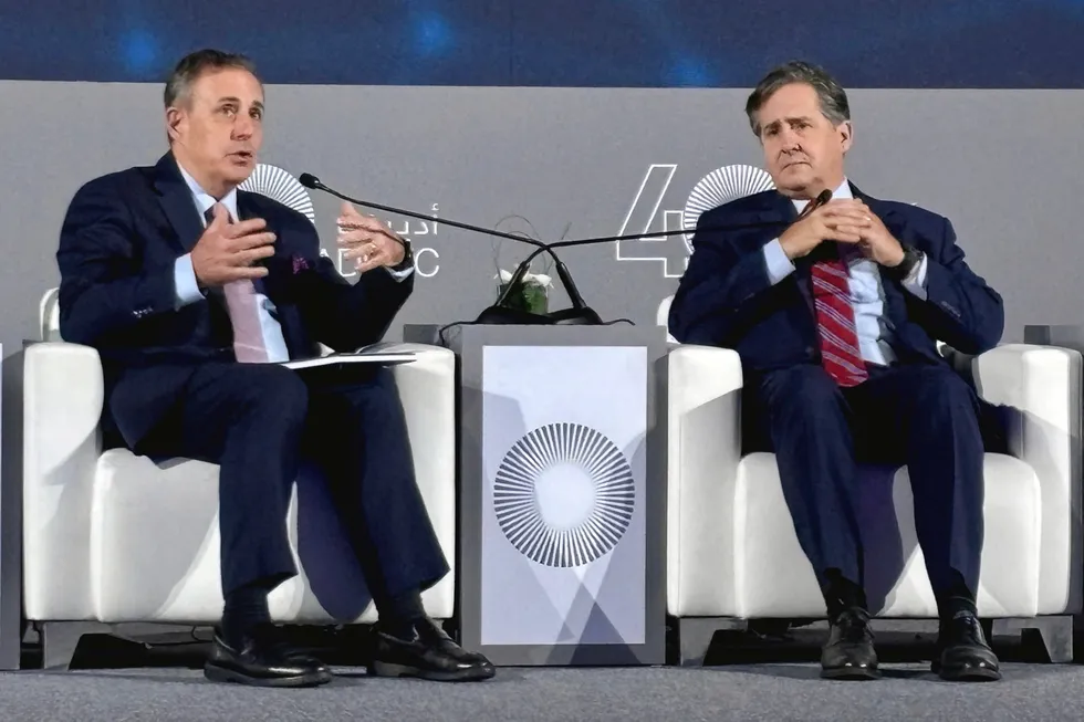 Robert McNally (right), founder and president of Rapidan Energy Group and former White House energy adviser to President George W. Bush. He spoke at ADIPEC 2024 with moderator John Defterios (left), professor of business at New York University Abu Dhabi, on the day Trump was declared US president for a second term.