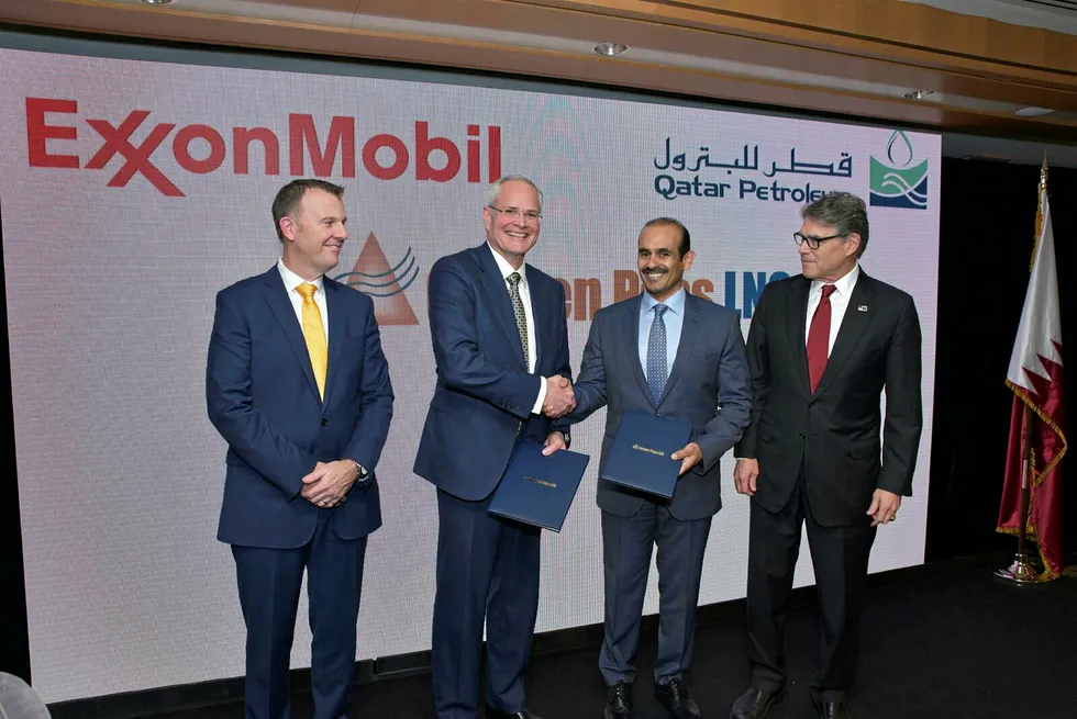 Construction to begin: Golden Pass LNG president Sean Ryan (left), ExxonMobil chief executive Darren Woods (second from left), Qatar Petroleum chief executive Saad al-Kaabi (second from right) and US Energy Secretary Rick Perry at the signing ceremony for the Golden Pass LNG project