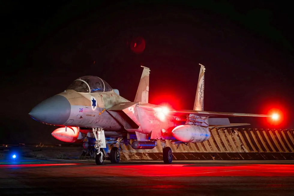Israeli Air Force F-15 Eagle is pictured at an air base, said to be following an interception mission of an Iranian drone and missile attack on Israel.