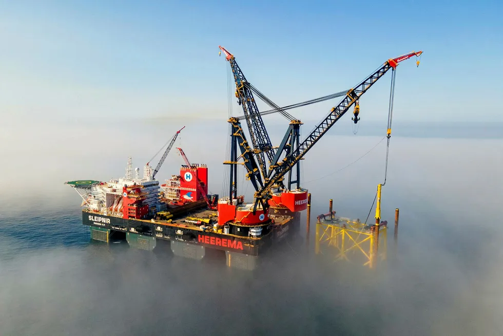 Dropping in: the installation of one of the new jackets at Total's Tyra gas field off Denmark being carried out by HMC's Sleipnir heavy-lift vessel