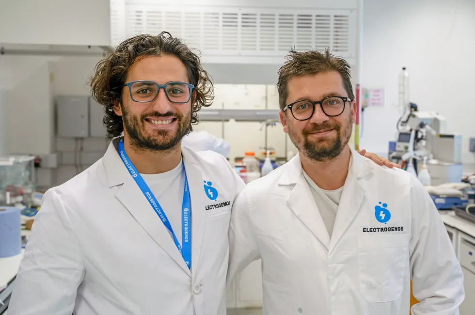 Electrogenos CEO Augusto Bartolome, left, and chief technology officer Claudio Picchi, right, at the company's laboratories in Oxford, England.