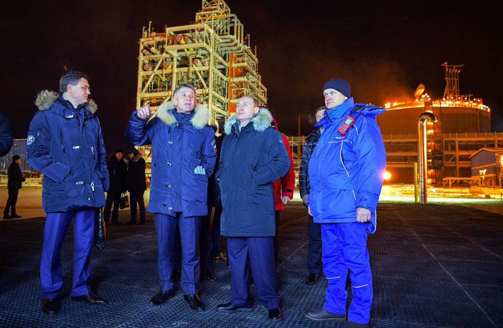 Power trio: (from left) Russian Deputy Prime Minister Alexander Novak, Novatek executive chairman Leonid Mikhelson and Russian President Vladimir Putin visit the Novatek-operated Yamal LNG facility.