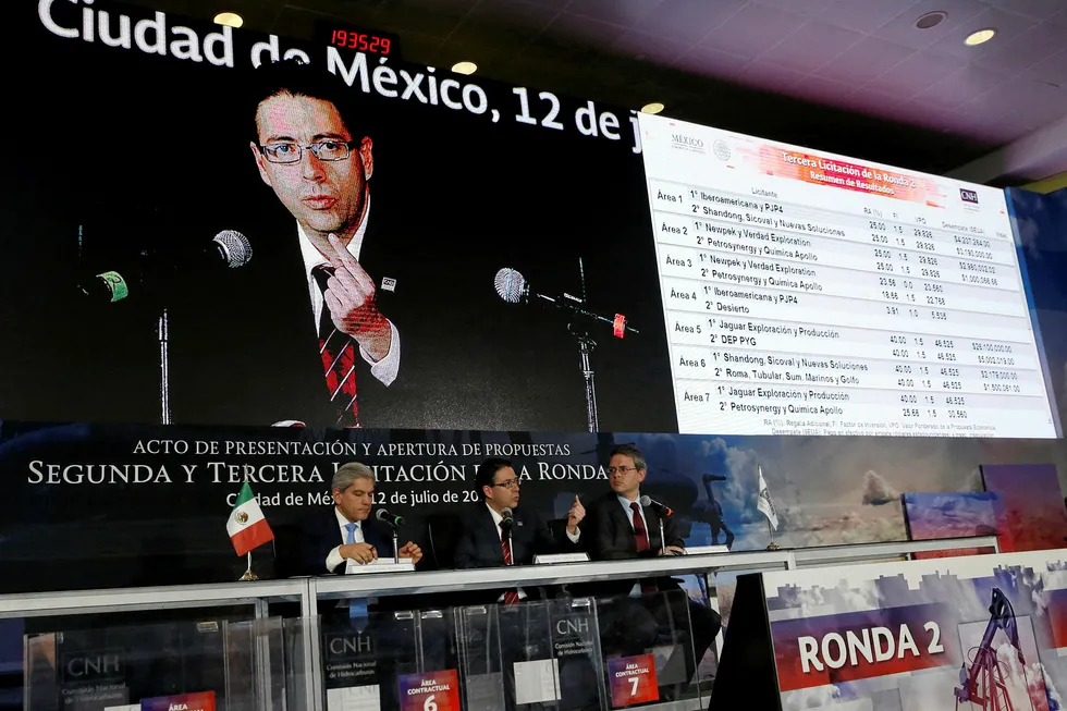 In favour: National Hydrocarbons Commission head Juan Carlos Zepeda (centre) speaks to the media in Mexico City