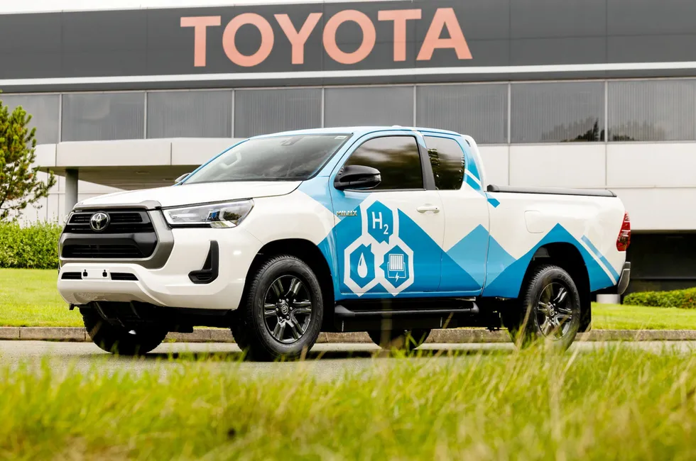 The prototype hydrogen Hilux at Toyota's factory in Derby, England.