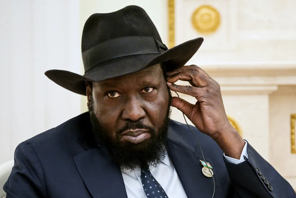 South Sudan President Salva Kiir adjusts his earphone during a visit to Russia in September 2023.