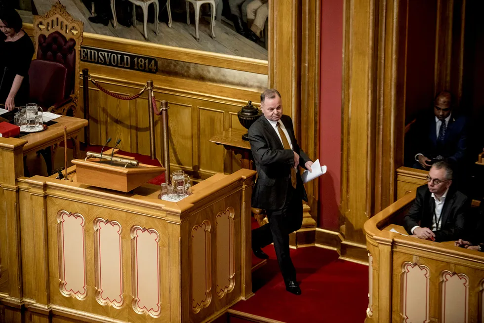 Stortingspresident Olemic Thommessen redegjorde onsdag for byggesprekken i Stortinget. Hans fremtid er fortsatt uviss. Foto: Fartein Rudjord