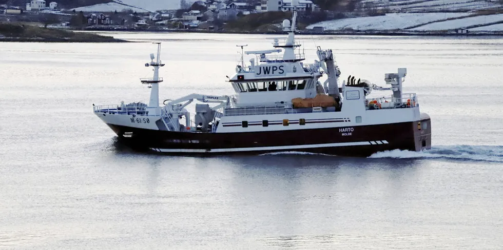«Harto» på seiling sørover, fotografert i Tjeldsundet tirsdag med 245 tonn sild om bord.
