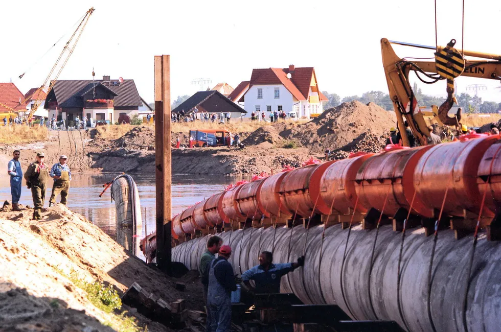 A section of the now-completed EUGAL gas pipe during construction. The 480km pipeline may now be converted to transport hydrogen from northern to southern Germany.