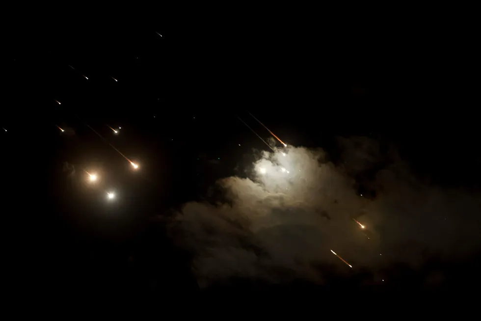 This picture shows projectiles being intercepted by Israel above Jerusalem, on 1 October 2024. Iran has launched a missile attack on Israel's commercial hub Tel Aviv, state media reported.