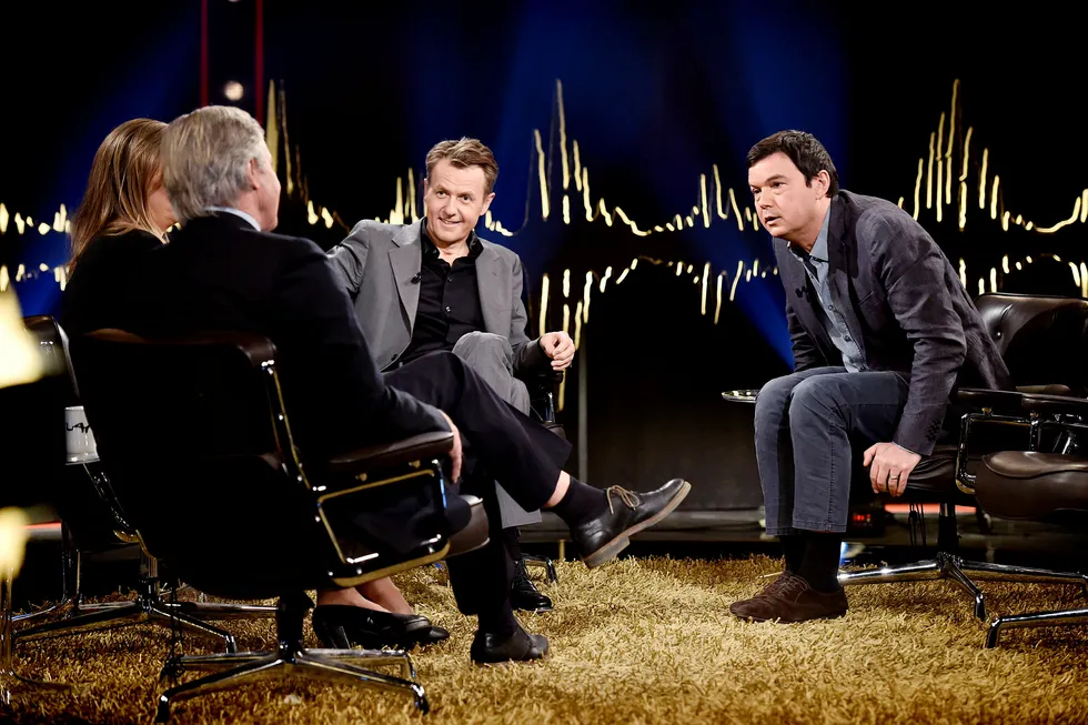 I 2015 møtte samfunnsøkonomen Thomas Piketty (til høyre) Norwegian-sjef Bjørn Kjos på «Skavlan». Foto: Jonas Eriksson/NRK