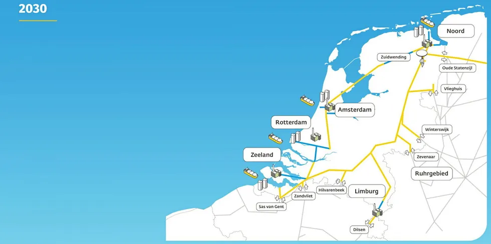 A map of the planned Dutch national hydrogen network in 2030.