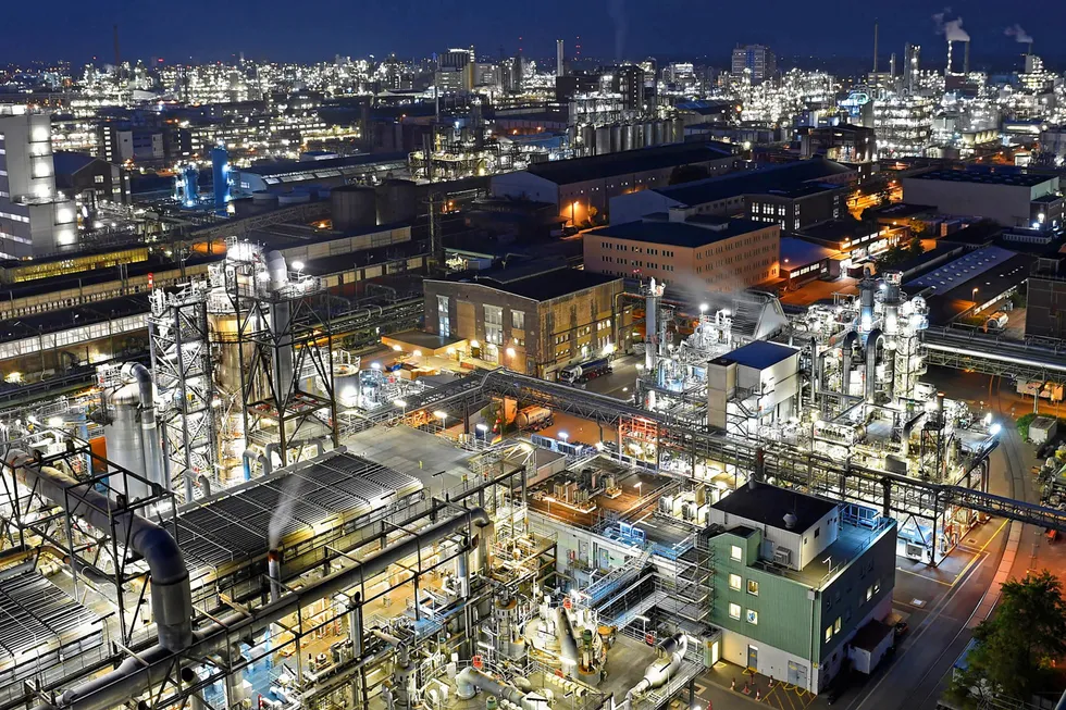 An aerial view of BASF's giant chemicals complex in Ludwigshafen, Germany.