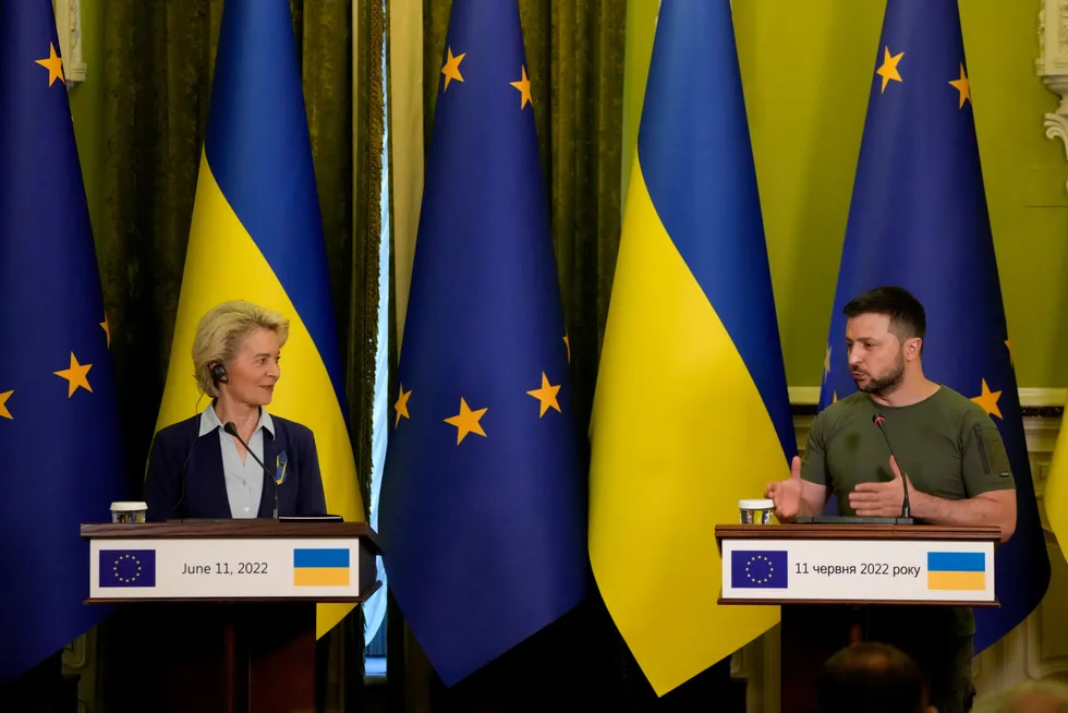 Ukrainas president Volodymyr Zelenskyj og Europakommisjonens president Ursula von der Leyen på en pressekonferanse i Kyiv tidligere i juni.