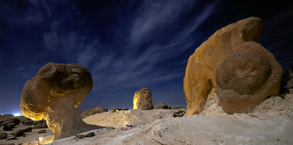 A picture taken late on April 25, 2021 shows a view of the Rock Garden, also known as Duqm Stone Park, overnight in the port town of Duqm in al-Wusta province in central-eastern Oman.