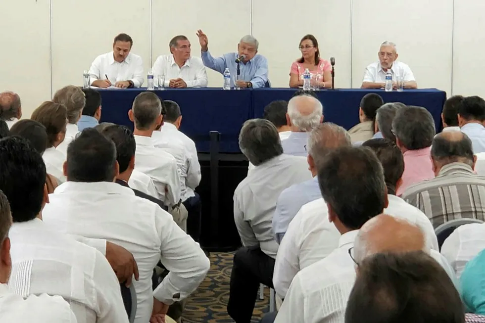 Tabasco meeting: Mexican president-elect Lopez Obrador, flanked by his energy team, speaks to businesspeople in Villahermosa