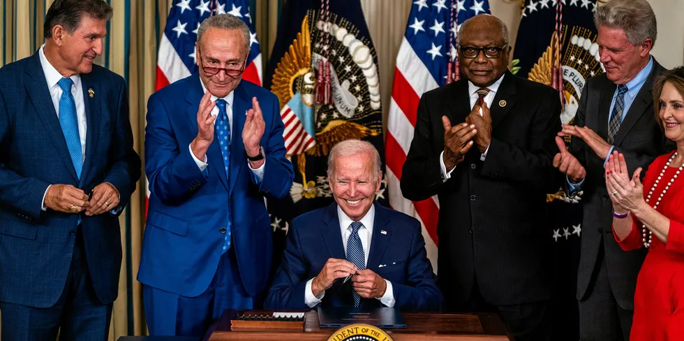 US President Joe Biden after signing into law H.R. 5376, the Inflation Reduction Act of 2022 in the State Dining Room of the White House on Tuesday.