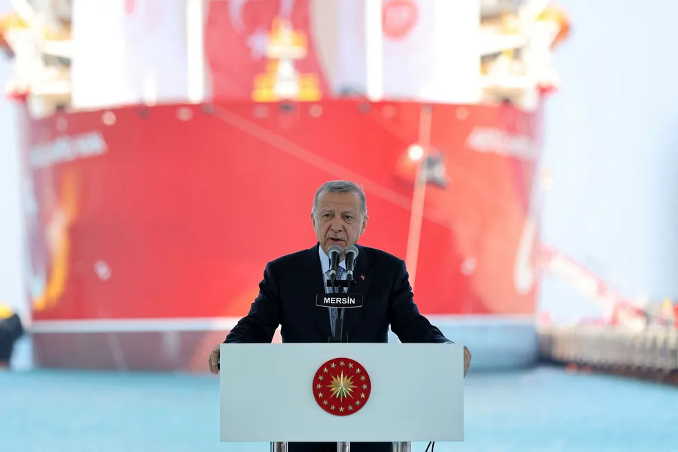 Oil and gas focus: Turkish President Recep Tayyip Erdogan speaks at the launch of the drillship Abdulhamid Han in Mersin, Turkey.