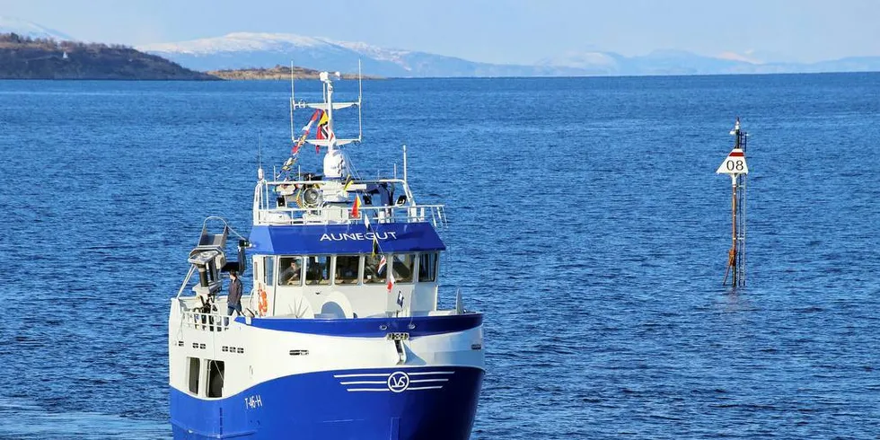 GREI START: Nordoverturen fra byggeverftet gikk greit, og «Aunegut» kunne sige flaggsmykket inn på hjemmehavna i Harstad i april i fjor. Men så begynte problemene.Foto: Jon Eirik Olsen