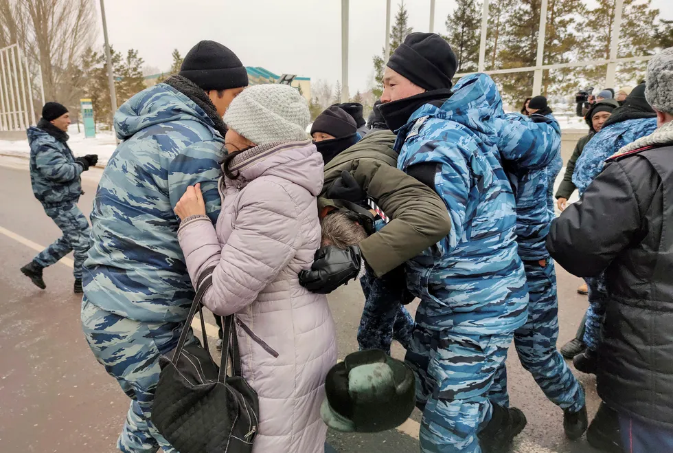 Political risks: Police officers detain protesters after an opposition activist was reported to have died of heart problems while in police custody in the capital of Kazakhstan, Nur-sultan