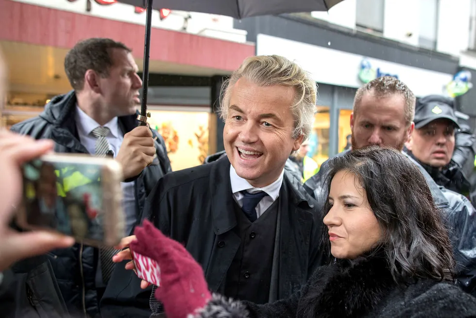 Høyrepopulisten Geert Wilders gjør det dårligere enn ventet i valget i Nederland. Foto: Jasper Juinen/Bloomberg/NTB Scanpix
