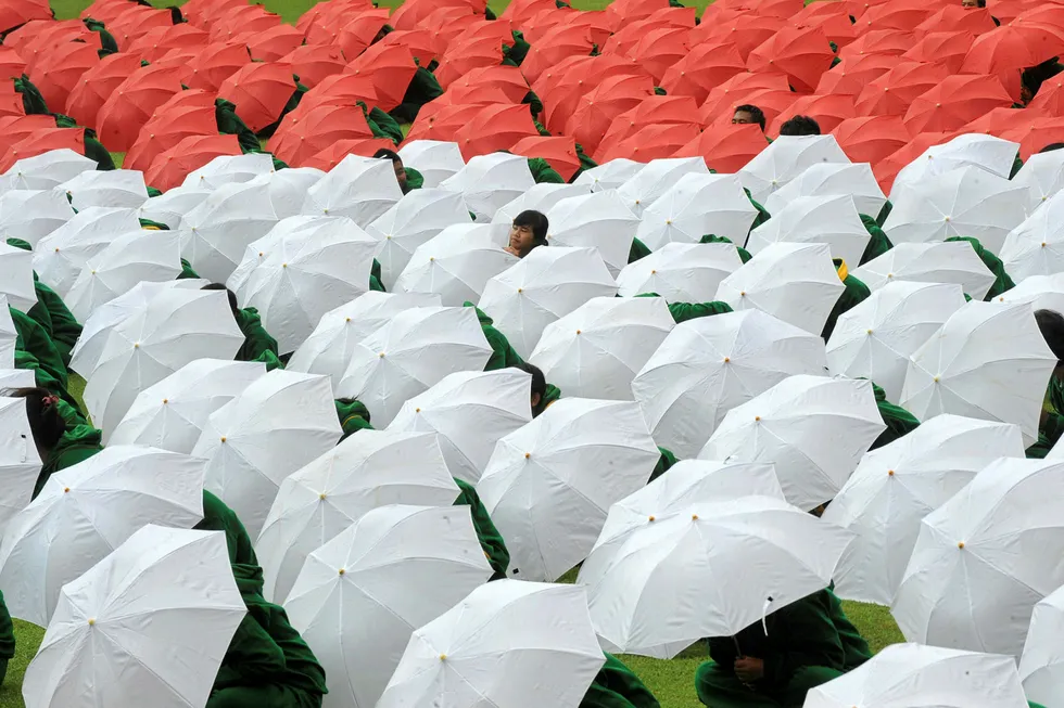 Open season: Indonesian students use umbrellas to form the red and white colours of Indonesia's national flag in Jakarta