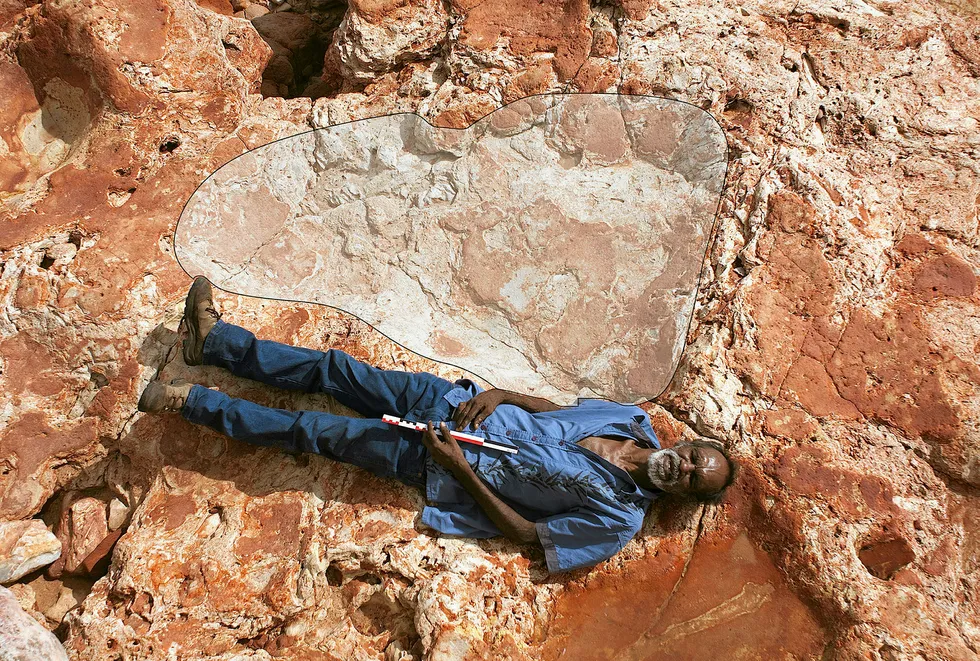 Aboriginal elder and Goolarabooloo Law Boss Richard Hunter alongside a 1.75-metre sauropod dinosaur track in the Lower Cretaceous Broome Sandstone