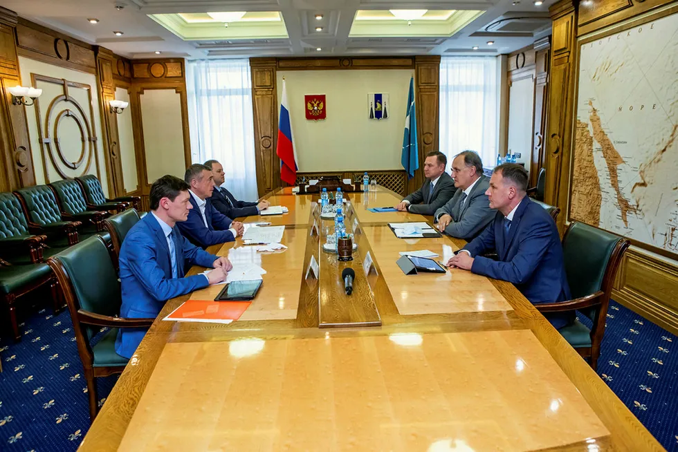 Shutdown: Rosneft vice president Zeljko Runje (right, centre) briefs Sakhalin regional governor Valery Limarenko on upcoming shutdown of oil production at Sakhalinmorneftegaz, in Yuzhno-Sakhalinsk on 21 July 2020