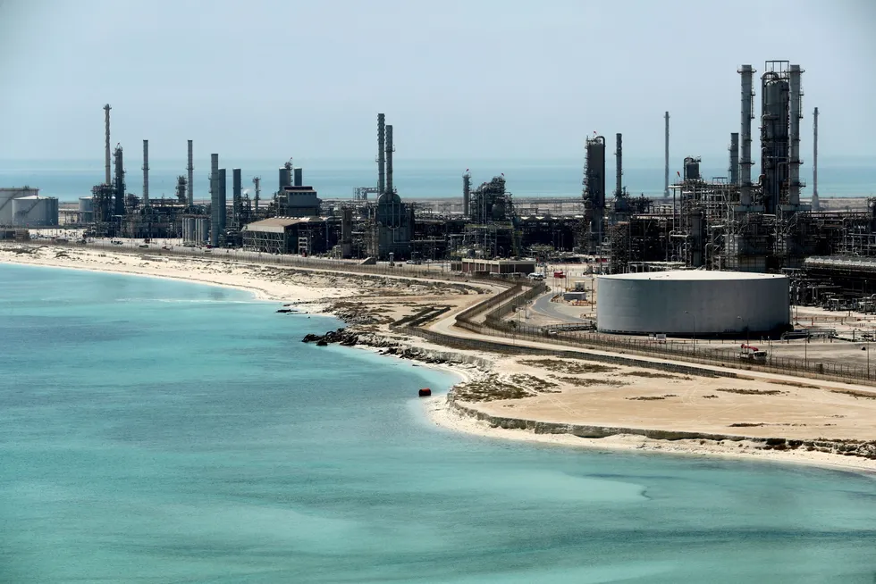 Brent, the international benchmark, reached a three-year high on Tuesday as the disagreement between Saudi Arabia, Opec’s de facto leader, and the UAE, a close, previously co-operative partner, triggered a briefing war between the two camps. Pictured: Saudi Aramco's Ras Tanura oil refinery and oil terminal in Saudi Arabia.