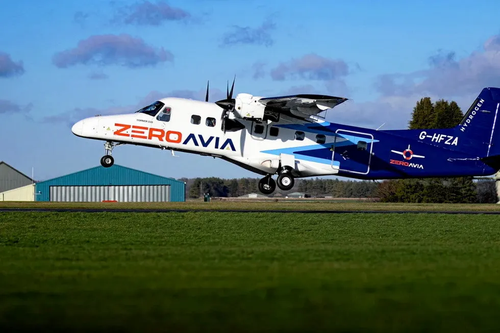 ZeroAvia's test plane taking off on its first flight at an airport in the UK.