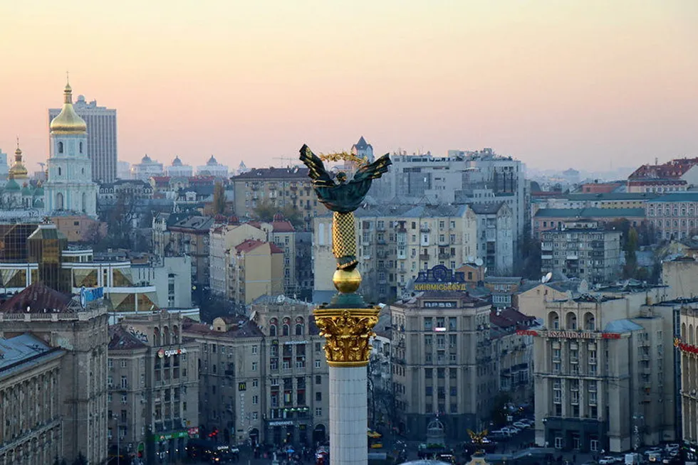 The city of Kiev, Ukraine. In the foreground is the independence monument in Maidan Square.