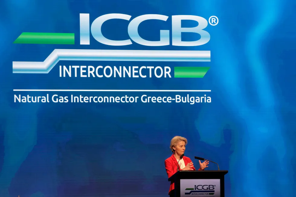 Diversification: European Commission President Ursula von der Leyen speaks at launching ceremony of Interconnector Greece-Bulgaria in Sofia in October 2022.