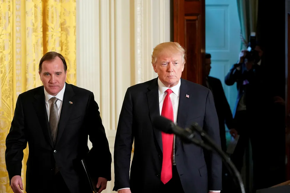 President Donald Trump uttrykker skuffelse over Sveriges statsminister Stefan Löfven i saken om rapperen A$AP Rocky. Her er Trump og Löfven under sistnevntes besøk i Det hvite hus i mars i fjor.