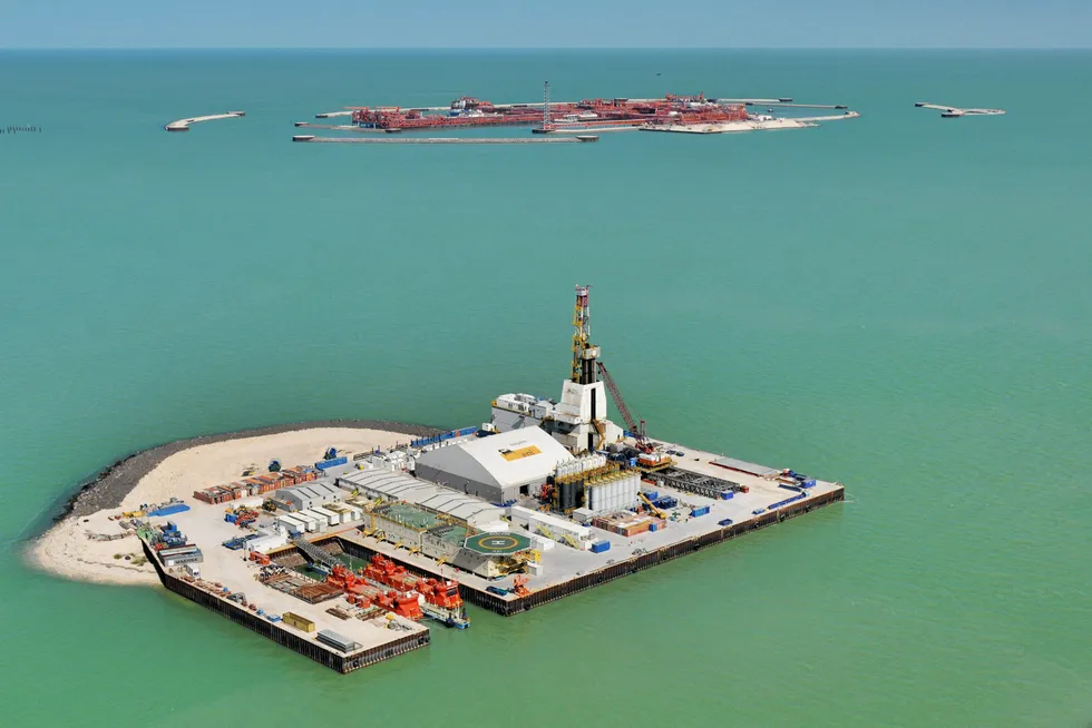 Access control: artificial islands at the Kashagan oilfield in the Caspian Sea in Kazakhstan