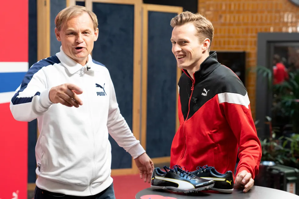Puma-toppsjef Bjørn Gulden skal være høyaktuell som Adidas-sjef. Her signerer han sponsoravtale med hekkeløper Karsten Warholm på Amerikalinjen Hotell i Oslo i 2019.