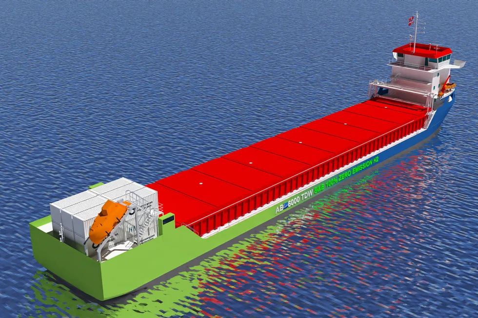 Rendering of one of Maris Fiducia's hydrogen-powered 6,000-dwt dry-bulk coastal vessels to be built with the help of the government funding.