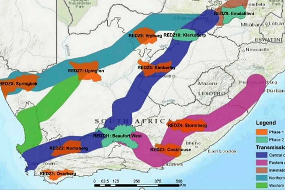 Location of eight existing Renewable Energy Development Zones (REDZs) and three proposed additional zones, overlayed onto the electricity grid infrastructure corridors where investment in transmission infrastructure is planned