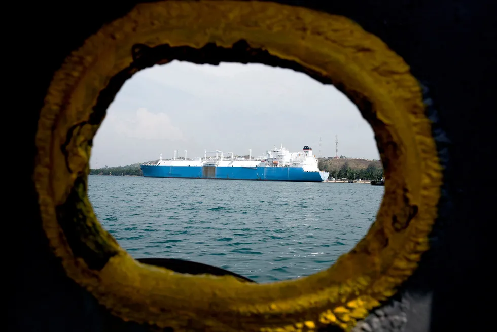 Through the porthole: a vessel delivers a cargo of liquefied natural gas to the Arun regasification terminal in Aceh province, Indonesia.