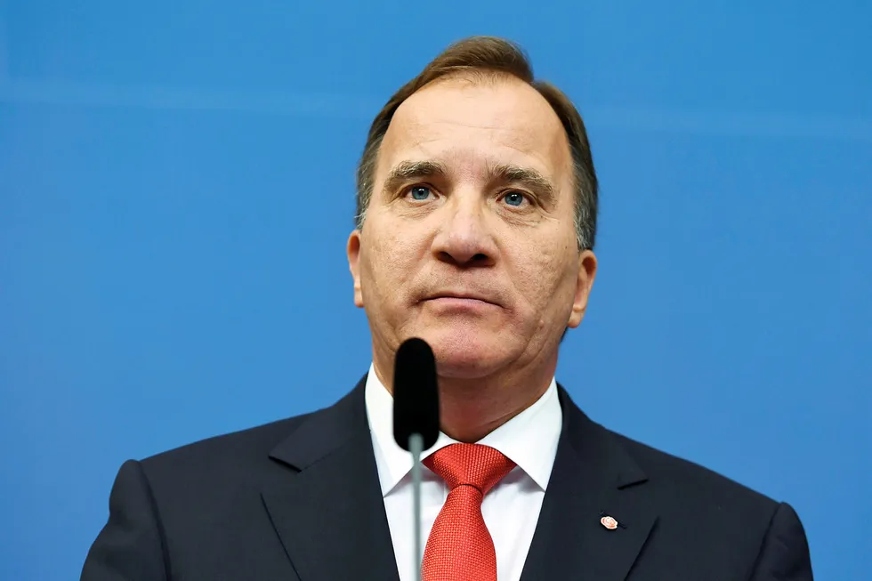 Sveriges statsminister Stefan Löfven under et presstreff i Rosenbad. Erik Simander/TT/NTB scanpix