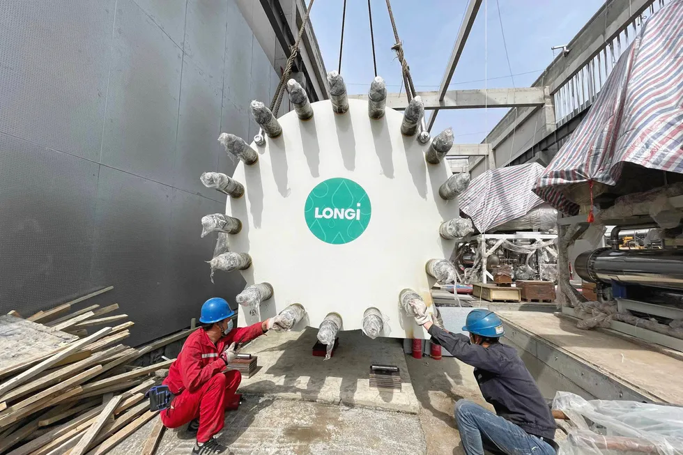 A Longi electrolyser stack being installed at a project in China.