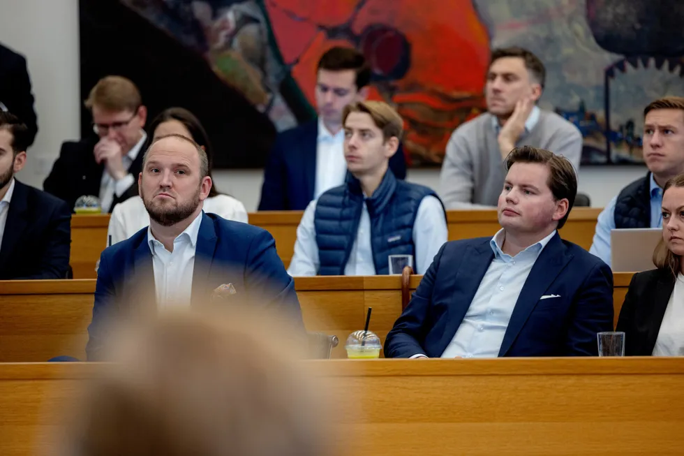 Jon Georg Dale fra First House (til venstre) og Herman Aleksander Dahl fra Nordea Markets var blant innlederne på et miniseminar om grunnrenteskatt hos BAHR mandag.