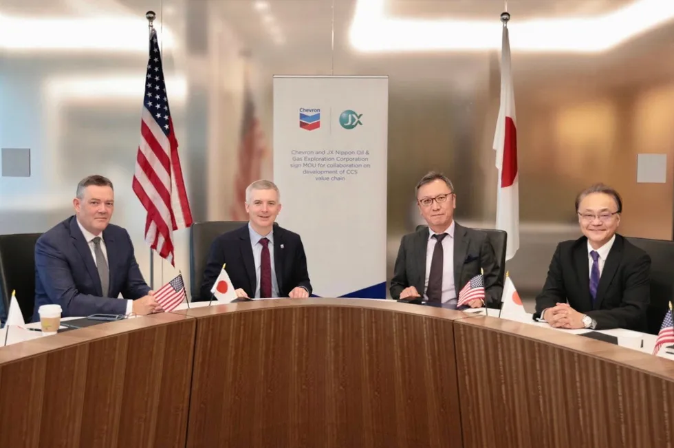Left to right: Chevron New Energies president Jeff Gustavson; Chevron New Energies vice president of CCUS Chris Powers; JX Nippon Oil & Gas Exploration executive vice president Tetsuo Yamada; and JX Nippon Oil & Gas Exploration chief executive Toshiya Nakahara.