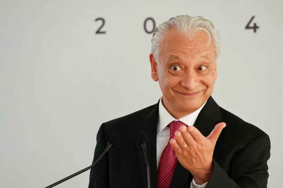 Victor Rodriguez Padilla gestures after being appointed as Pemex new chief executive.