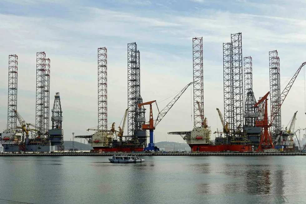 Before the crash: jack-up rigs under construction at Dalian Shipbuilding Industry Offshore, Liaoning province