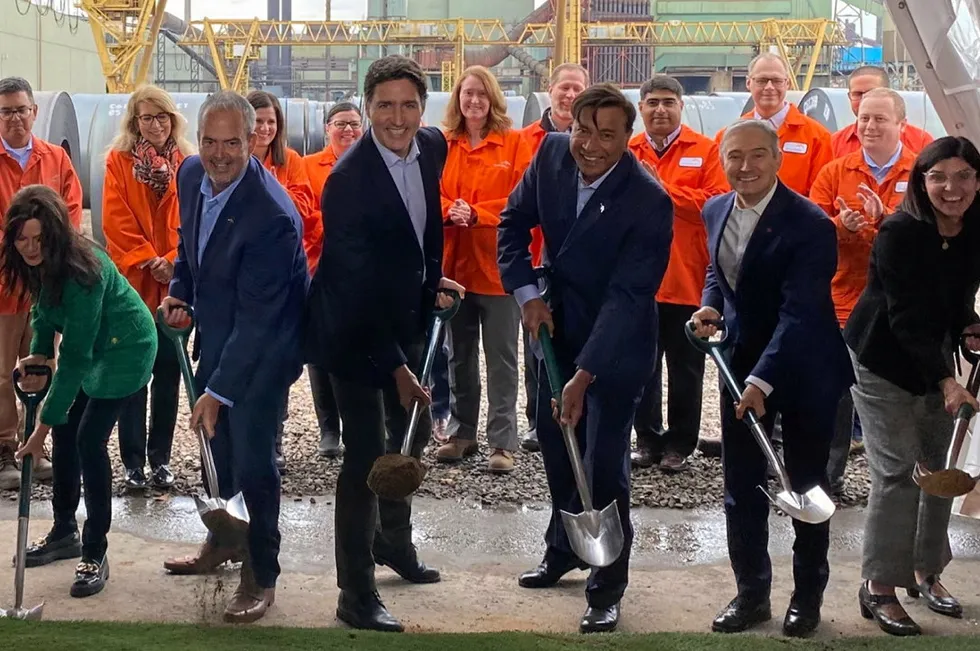 Prime Minister Justin Trudeau and billionaire Lakshmi Mittal among the dignitaries at the ground-breaking ceremony for ArcelorMittal's new green steel plant in Hamilton, Canada.