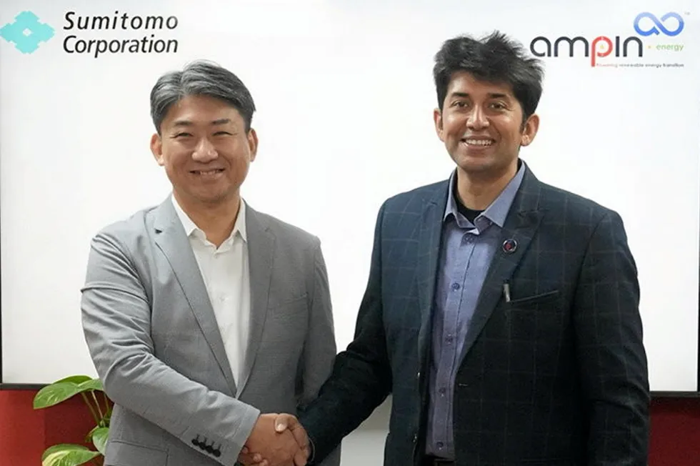 Seiji Kitajima of Sumitomo (left) and AMPIN CEO Pinaki Bhattacharya.