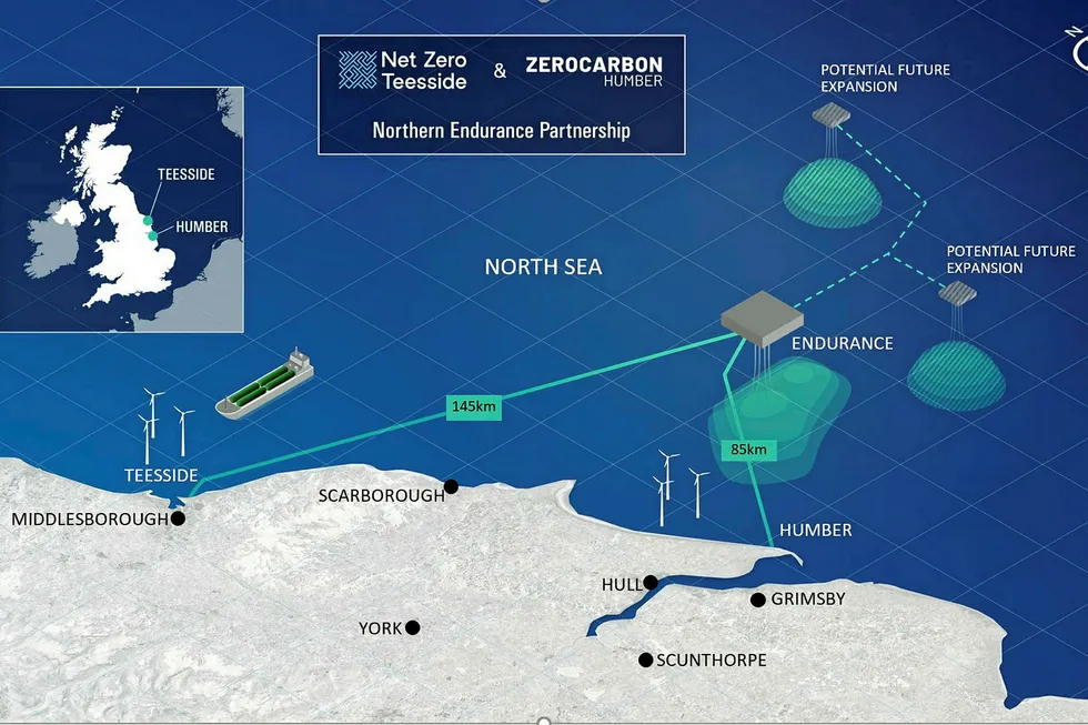 Proposal: a graphic showing the plan for the Northern Endurance Partnership (NEP) scheme, the offshore pipeline and CO2 storage scheme serving the proposed Net Zero Teesside and Zero Carbon Humber industrial decarbonisation projects off the east coast of the UK