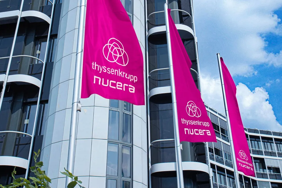 Thyssenkrupp Nucera flags on display at Thyssenkrupp headquarters in Essen, Germany.